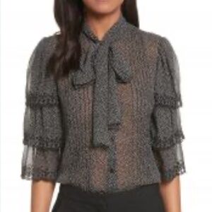 Rebecca Taylor, black spotted lace detail, tiny neck, button-down silk blouse